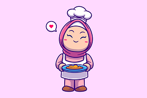 Cute Chef Girl Hijab Cooking Food, a Person Illustration by Catalyst Labs