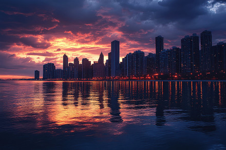 Sunset over the city skyline with dr, a Photo by Tanuart