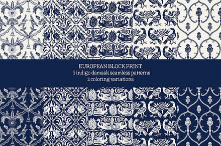 Blue European Block Print: Damask