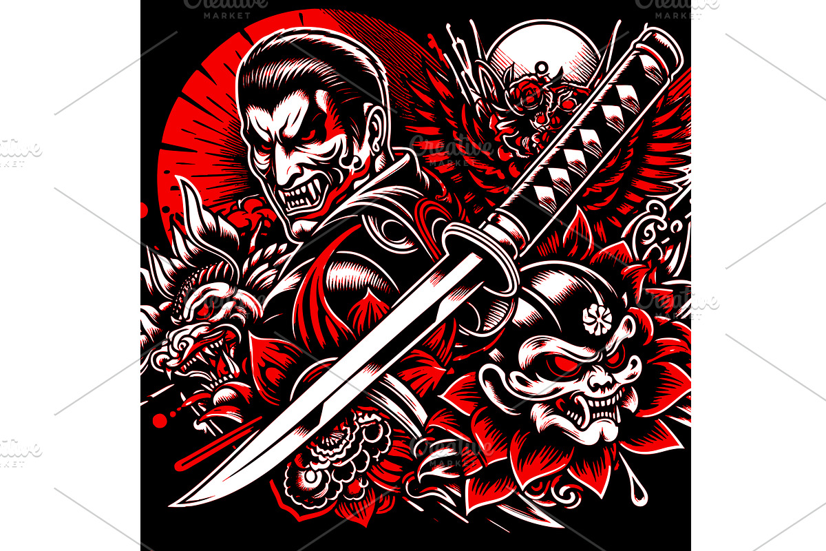 Samurai with Katana and Demonic, a Person Illustration by AlexArt