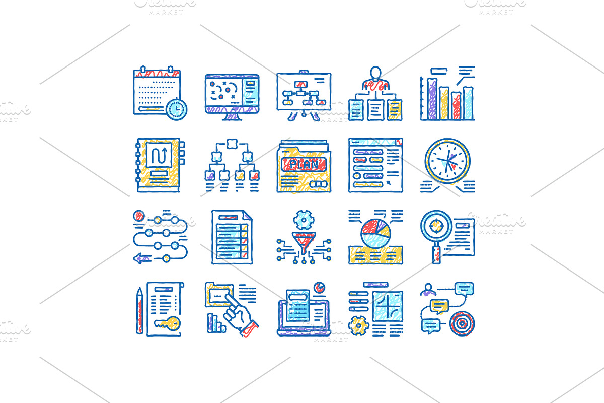 Planning Work Process set Icons hand, an Object Illustration by pikepicture