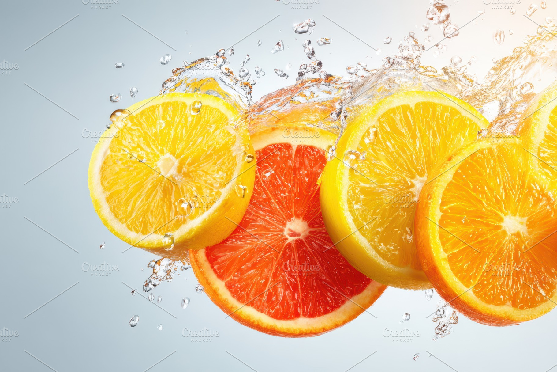 Fresh orange and grapefruit slices with water splash, a Food & Drink Photo by AlyaAnd