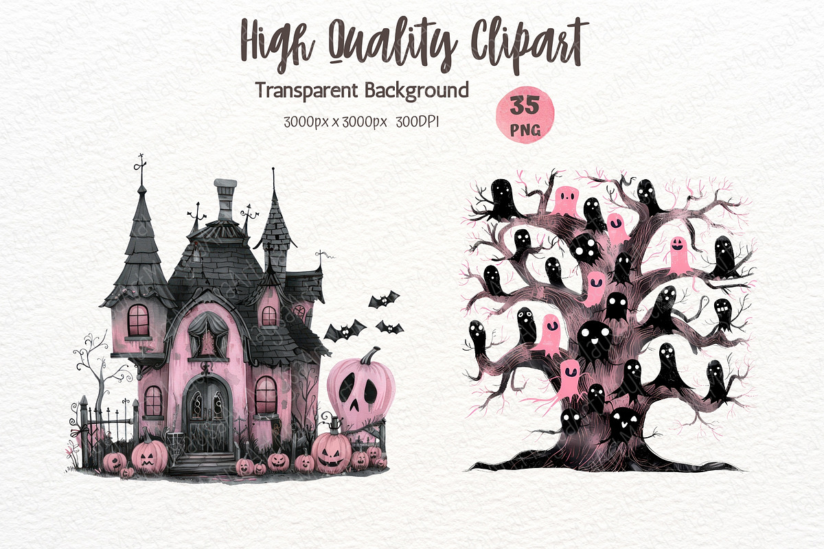 Pink Halloween Watercolor Clipart, a Seasonal Illustration by Maysa Art (Photo 5 of 6)