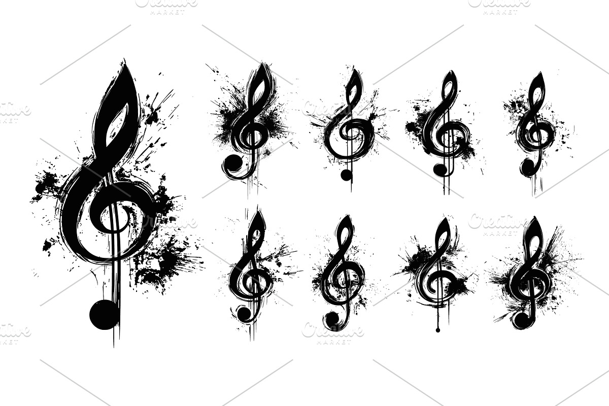 Treble clefs grunge elements black, an Object Illustration by Valerie Bodnar