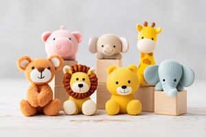 Soft plush animal toys on wooden blocks, an Animal Photo by AlyaAnd