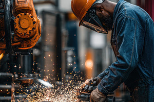Industrial worker using grinder spar, a Photo by Pixeness Studio