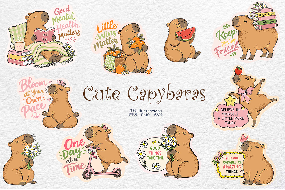Cute Capybara Clipart: Mental Health, an Animal Illustration by Watercolor dreams (Photo 1 of 4)