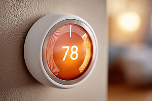 Smart thermostat displays temperature setting in a modern home environment, a Technology Photo by AlyaAnd