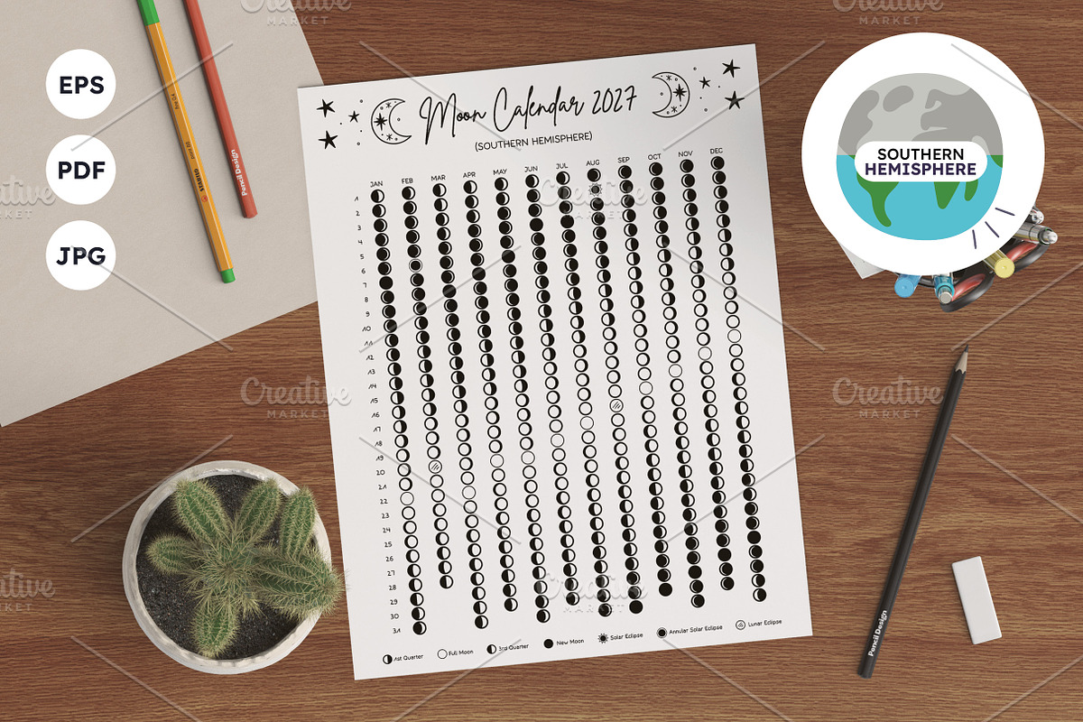 2027 Moon Phase Calendar Southern, a Poster Template by insemar (Photo 1 of 4)