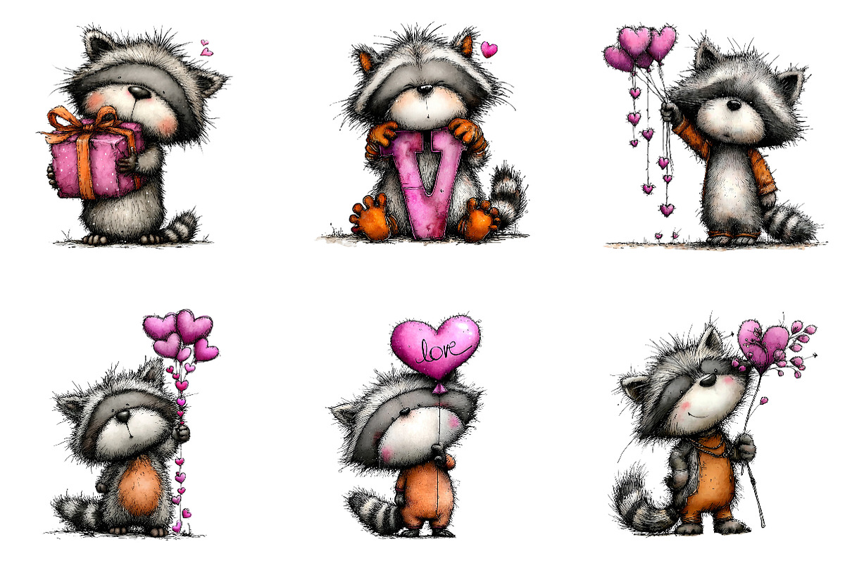 Valentine's Whimsical Raccoon Clipar, an Illustration by CreationArt (Photo 5 of 5)