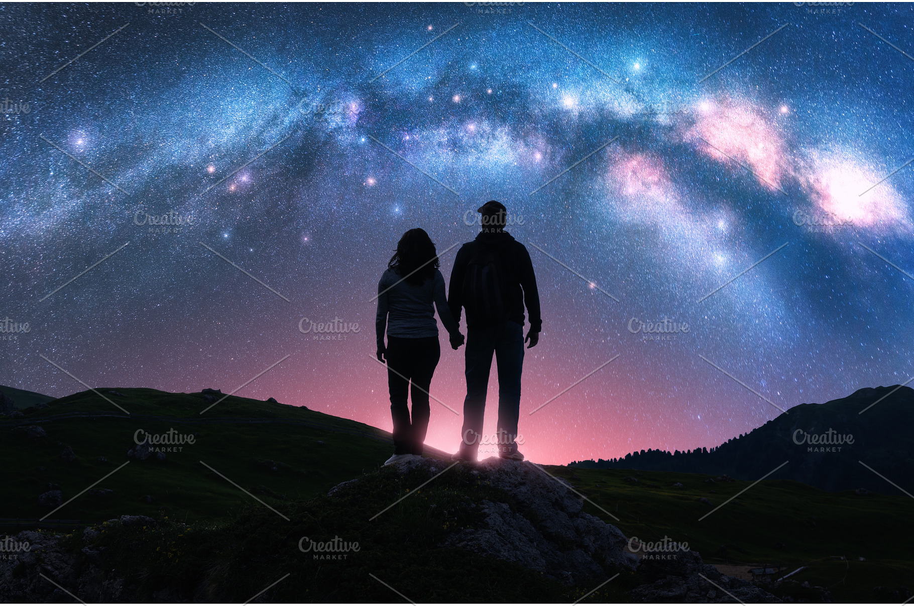 Silhouettes of couple, night sky, a Nature Photo by den-belitsky
