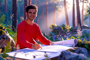 Male architect designing building integrated In sustainable fore, a Person Photo by DanFLCreativo