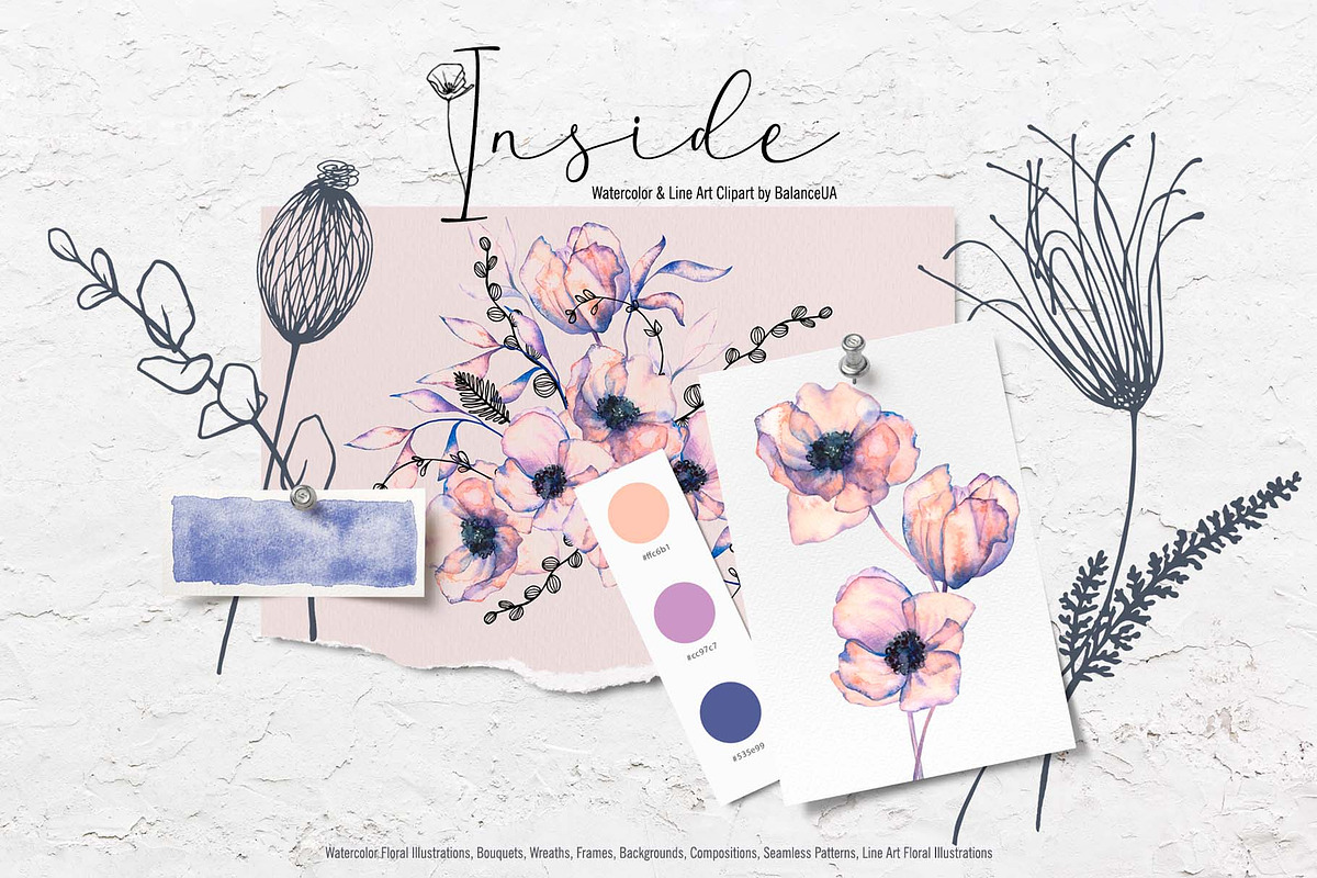 Inside Watercolor Floral Clipart, a Decorative Illustration by BalanceUA (Photo 2 of 19)