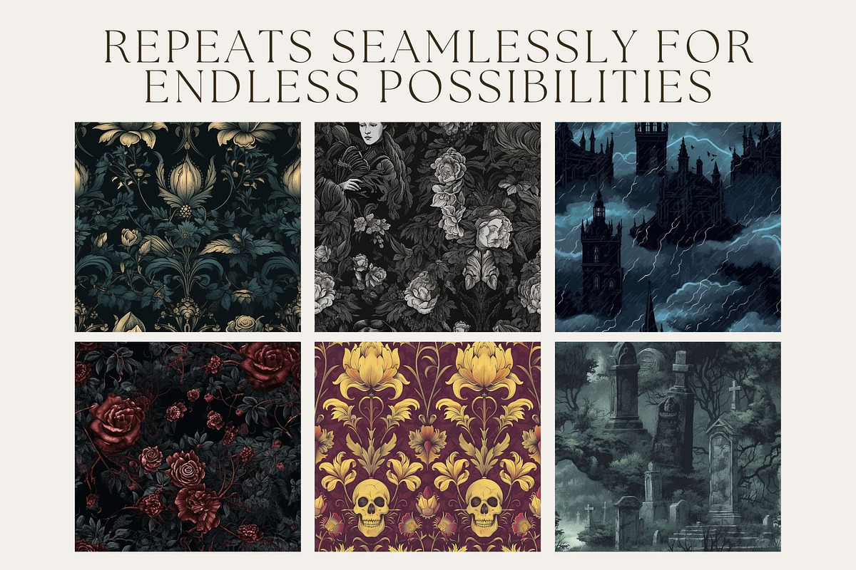 8 Gothic Noir Seamless Patterns, a Pattern Graphic by Inknfolly (Photo 2 of 6)