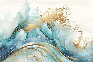 Watercolor Blue Gold Abstract Waves