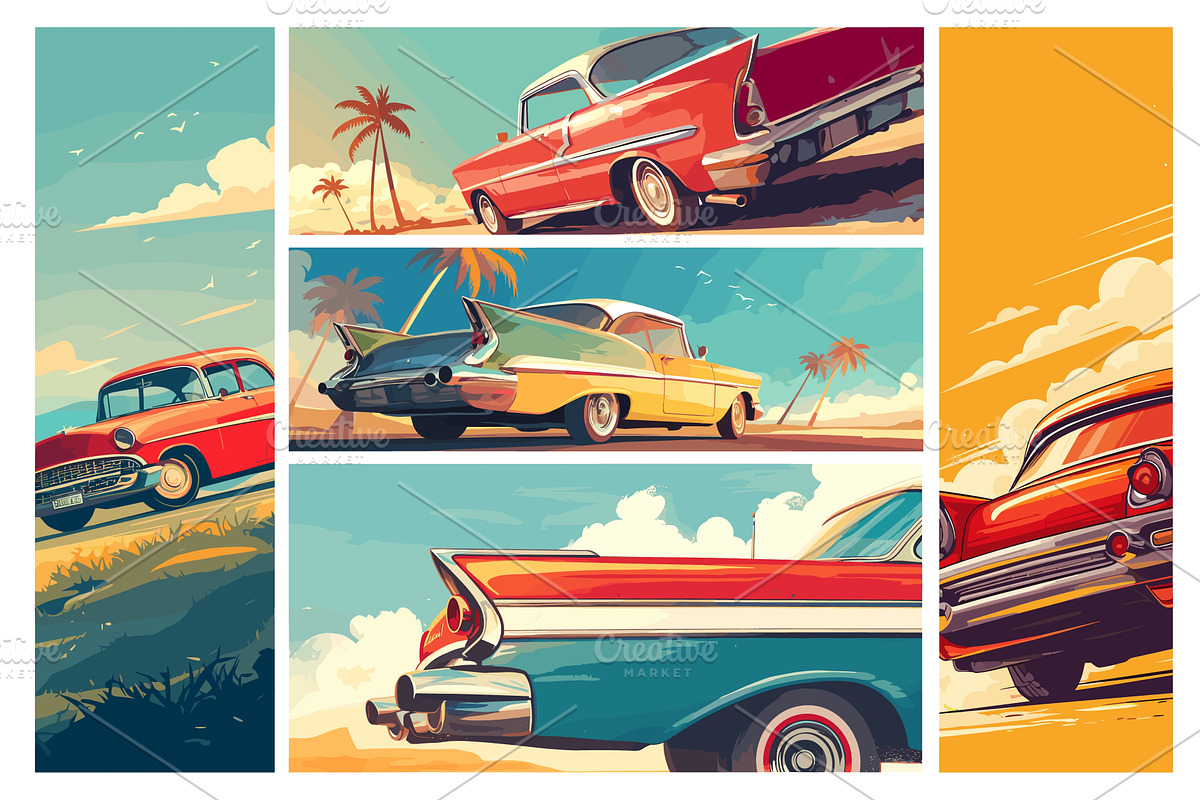 Vintage car posters. Old retro cars, an Illustration by Stock-Smart-Start