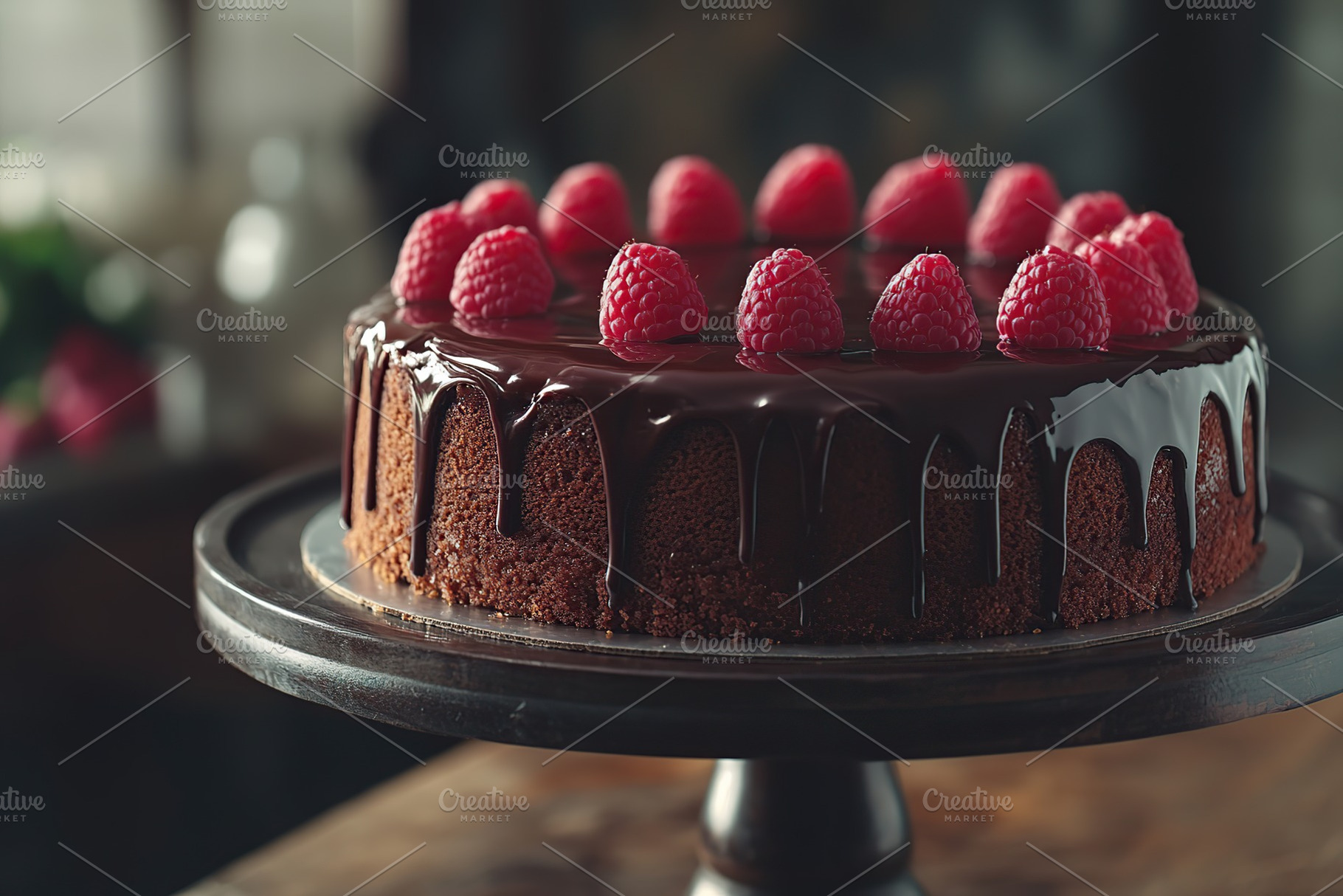 Delicious cake with frosting cream and ripe raspberries, a Food & Drink Photo by AlyaAnd