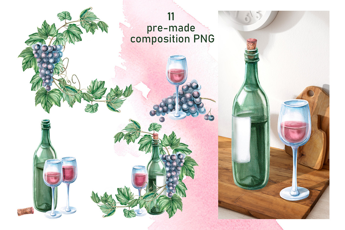 Wine and Grapes,watercolor clip art, a Food Illustration by SvetLana (Photo 4 of 16)