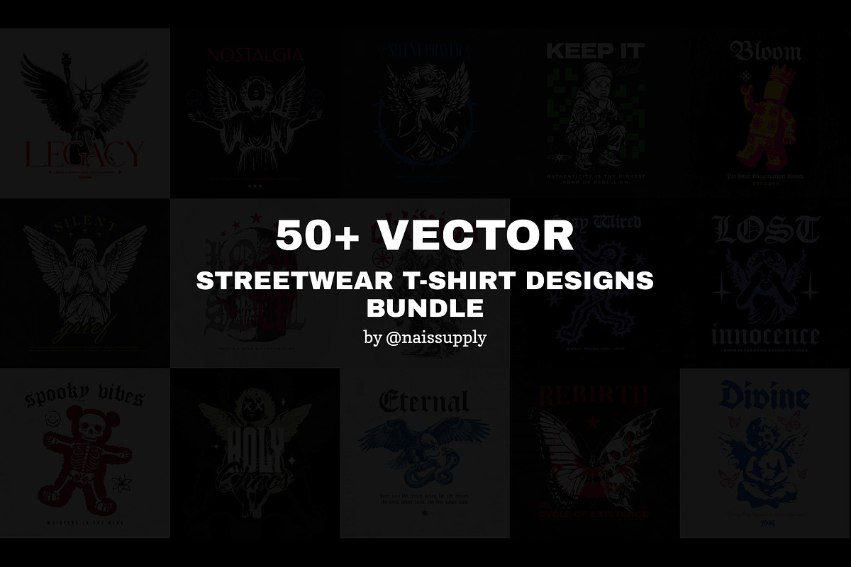 50 Streetwear T-Shirt Designs Bundle, an Object Graphic by Pries Studio (Photo 2 of 4)