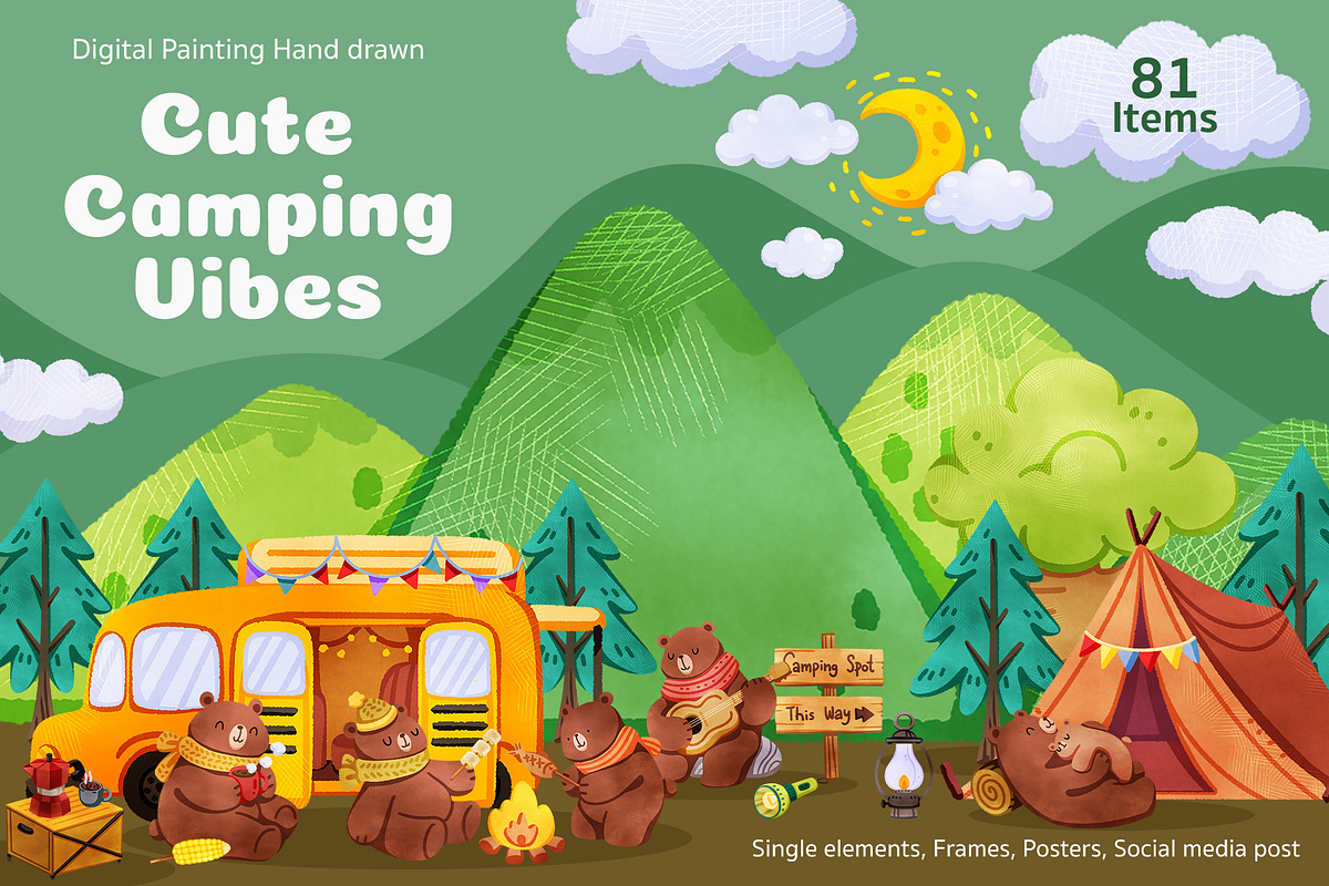 Cute Camping Vibe Watercolor, an Animal Illustration by CreativeValuation (Photo 1 of 16)