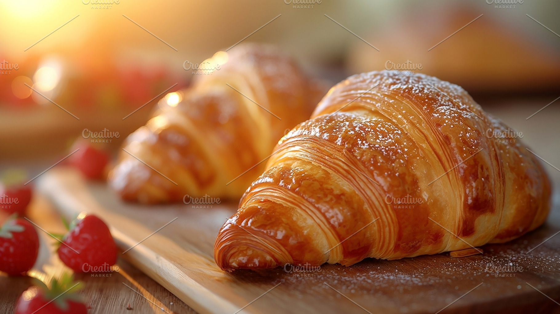 Golden flaky croissants with powdered sugar, surrounded by fresh, a Food & Drink Photo by ImageMir