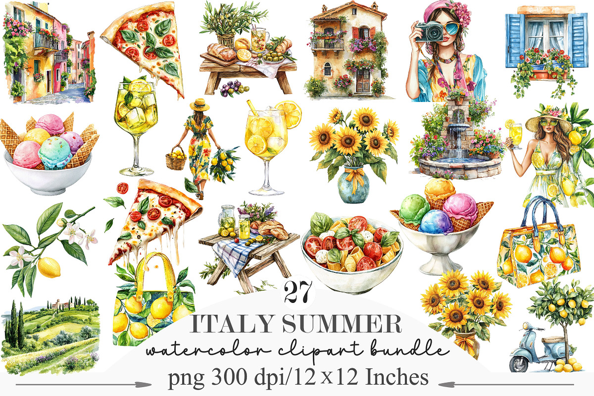 Watercolor Italy Summer Clipart, an Illustration by Designking (Photo 1 of 5)