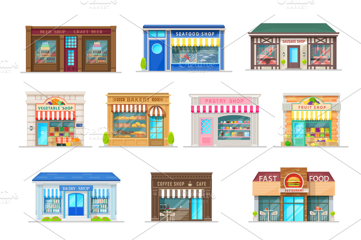 Building icons, shop, restaurant, a Food Illustration by Vector Tradition
