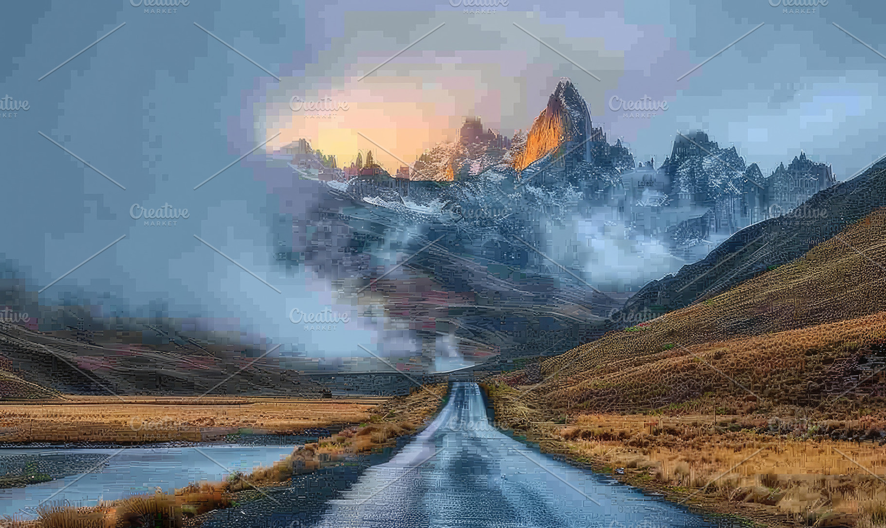 Golden hour light over a mountainous, a Photo by LOGOCREATIVE