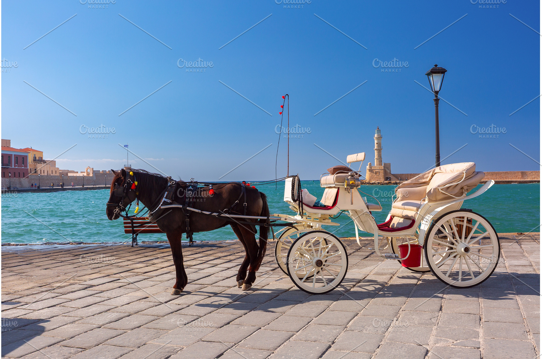 Horse carriage in Chania harbor, an Architecture Photo by kavalenkava
