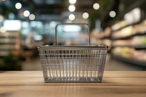 Empty supermarket basket on wooden table, a Photo by AlyaAnd