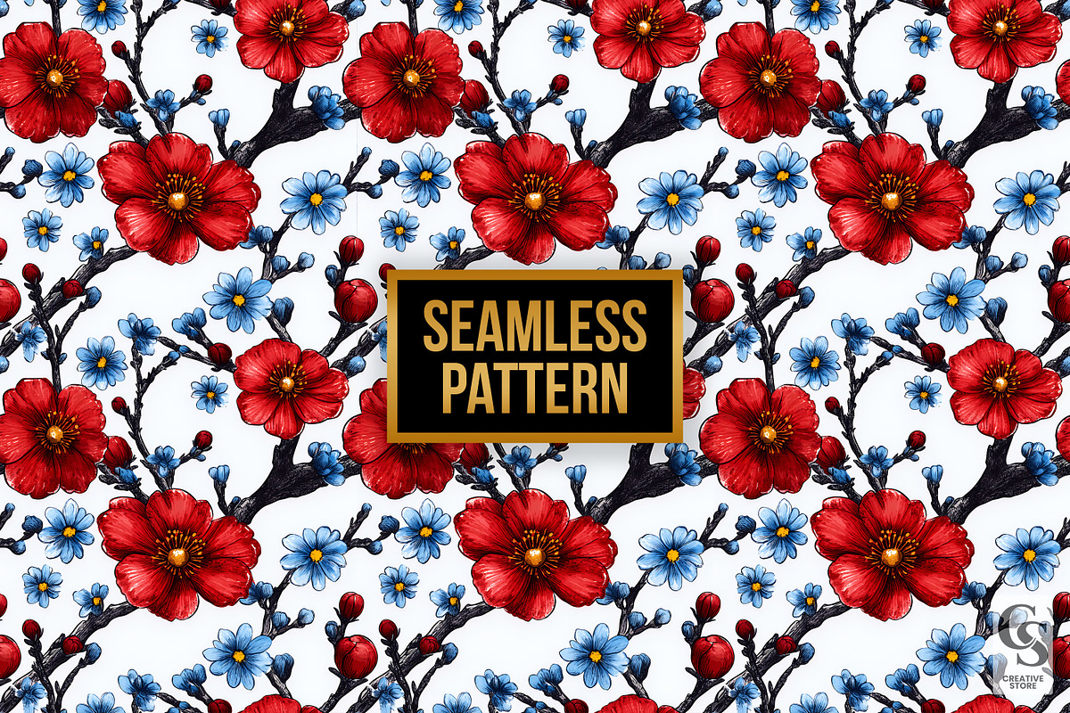 Red Blue Cute Cherry Blossoms Papers, a Pattern Graphic by Creative Store (Photo 4 of 5)