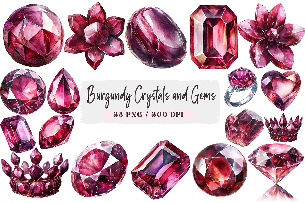 Burgundy Crystals and Gems Clipart, an Illustration by DreamArtGraphic (Photo 1 of 3)
