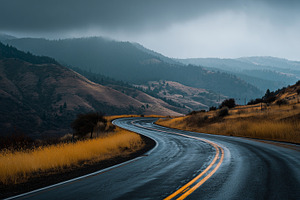Winding mountain road cuts through, a Nature Photo by MistyDay
