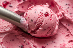 Close up of pink berry ice cream, a Food & Drink Photo by Lermont51
