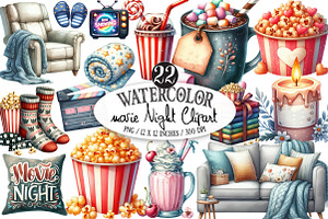 Watercolor Movie Night Clipart, an Illustration by Designking