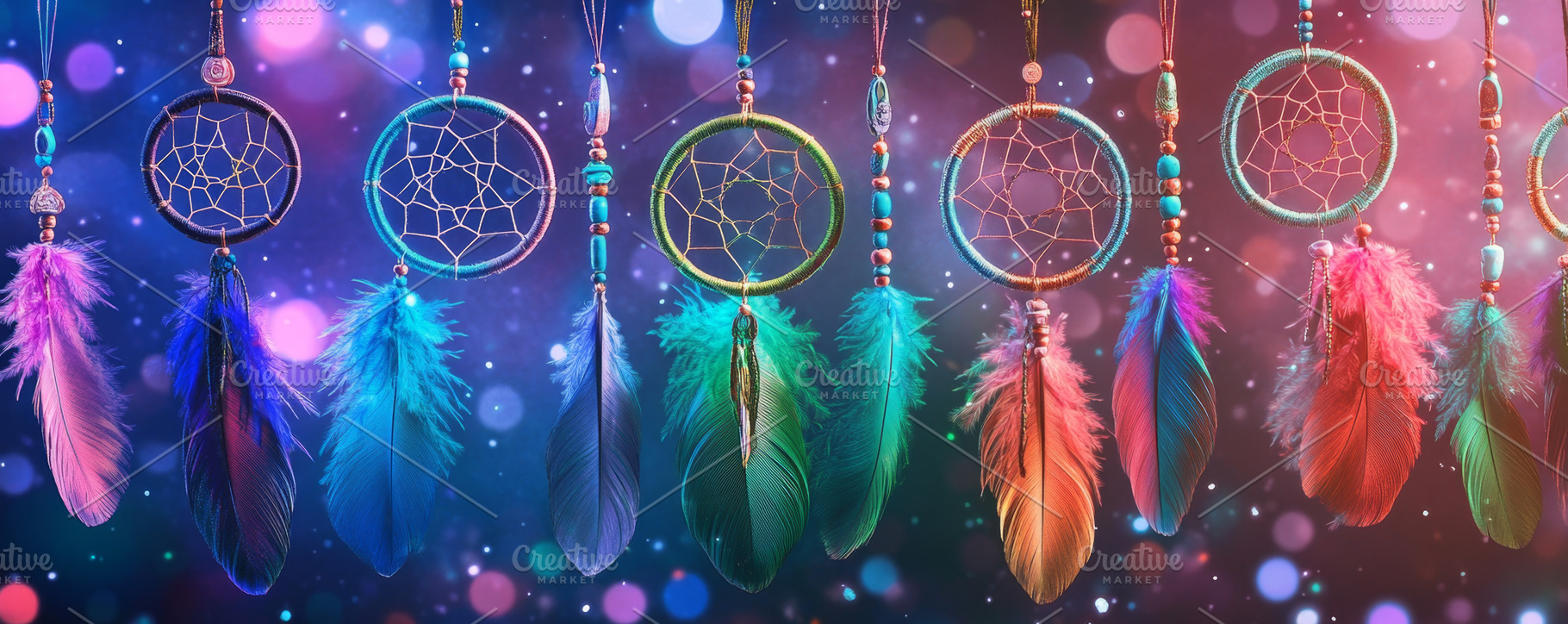 Vibrant Dreamcatchers with Colorful Feathers and Glowing Lights, an Abstract Photo by Natalia Klenova's Shop