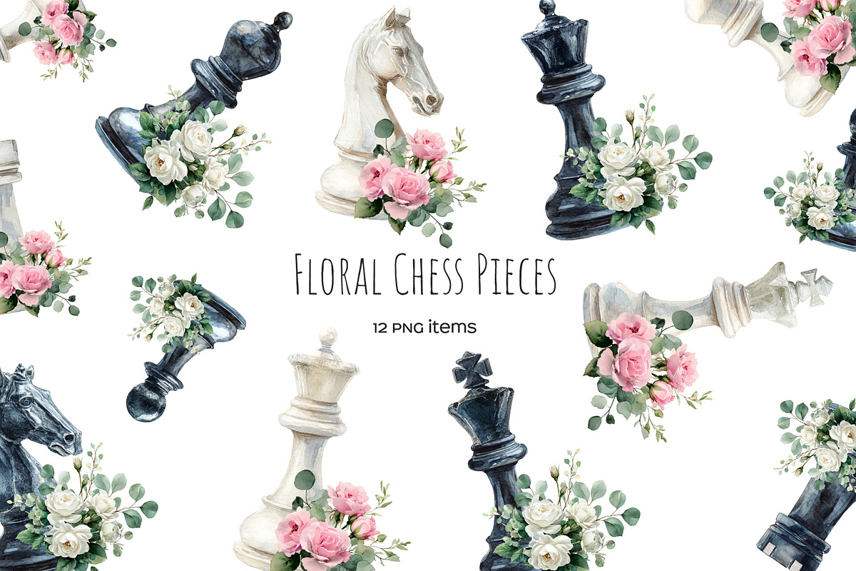 Watercolor floral chess pieces, an Object Illustration by Art and Funny (Photo 1 of 3)