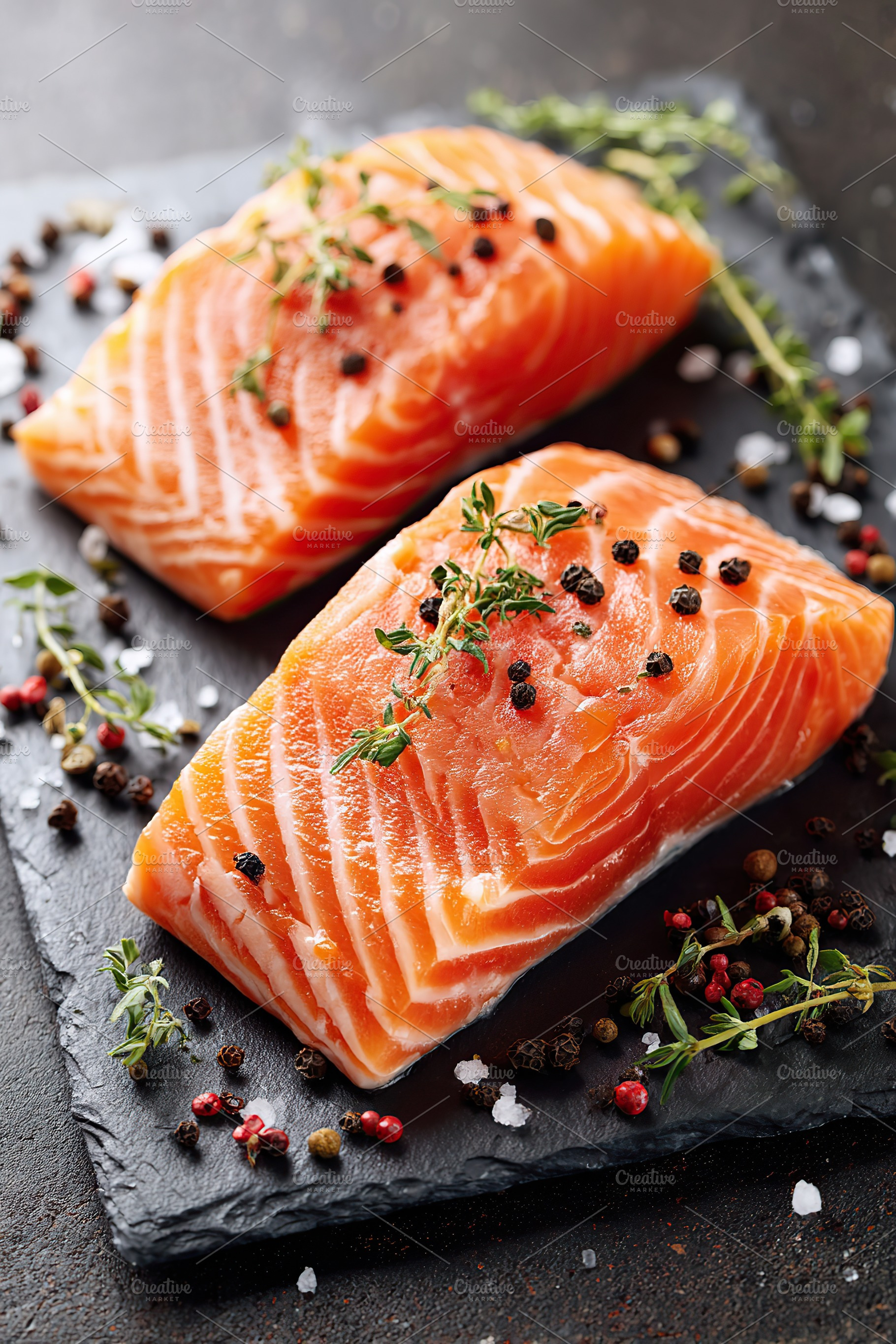 Fresh thick salmon fillets with marbling resting on a textured slate plate, a Food & Drink Photo by AlyaAnd