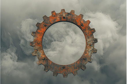 Rusty gear floating in cloudy sky, an Industrial Photo by Ylivdesign