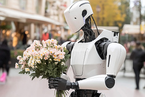 Robot carrying flowers in city stree, a Photo by Dvoevnore photos