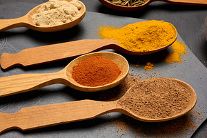 Assorted ground spices in wooden spoons, turmeric, paprika, nutm, a Food & Drink Photo by ndanko
