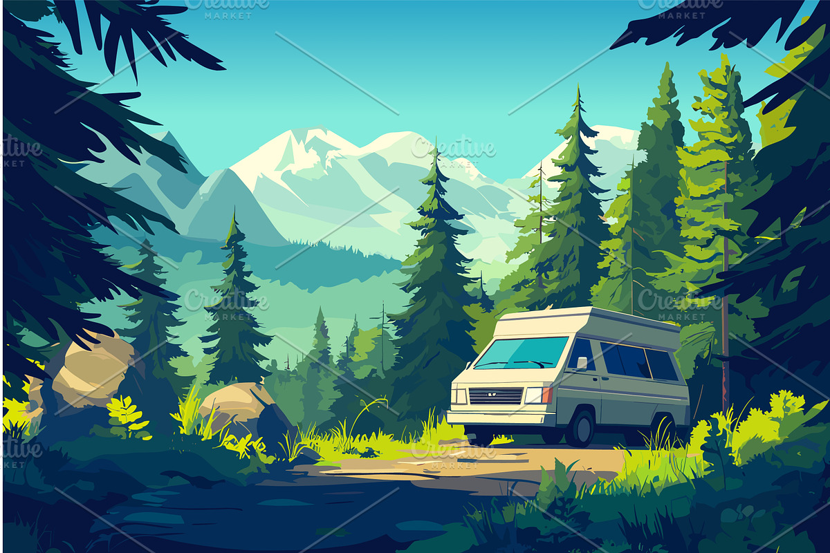 Forest camp with picnic van, a Sport Illustration by Valerie Bodnar