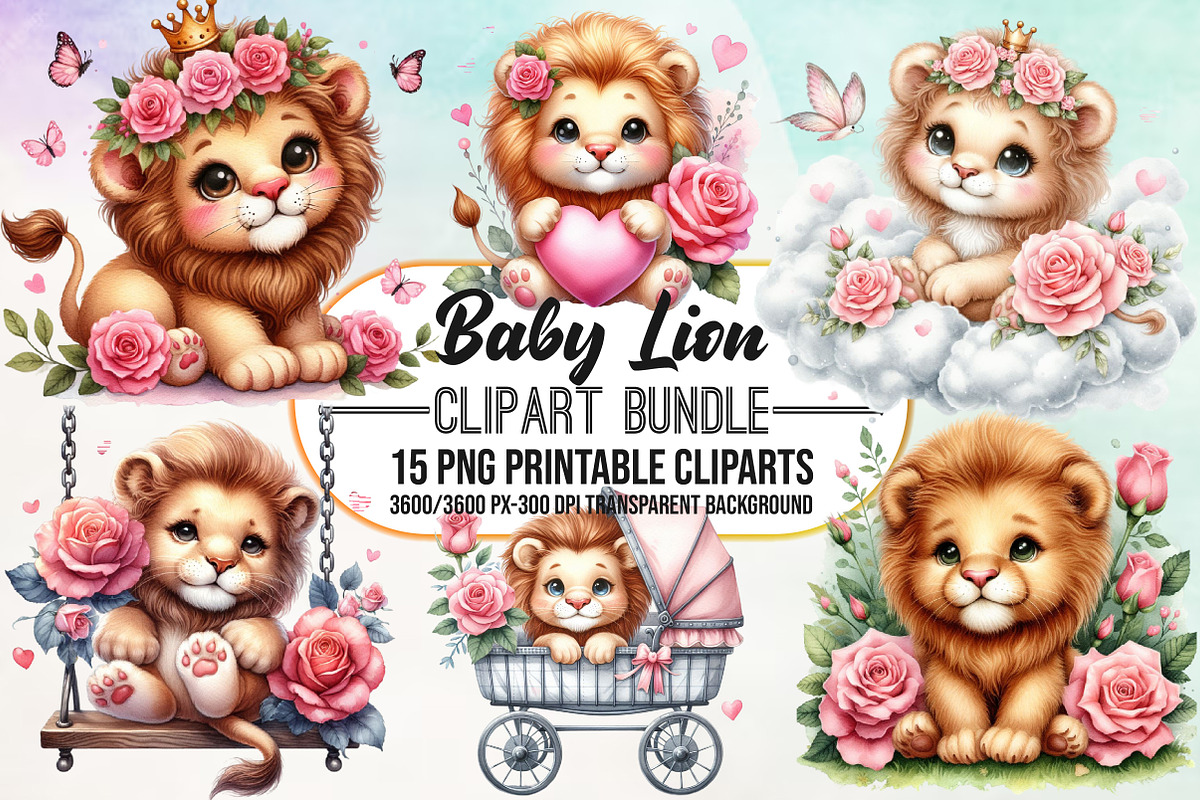 Watercolor Cute Baby Lion Clipart Bu, an Animal Illustration by Craft Nest (Photo 1 of 3)