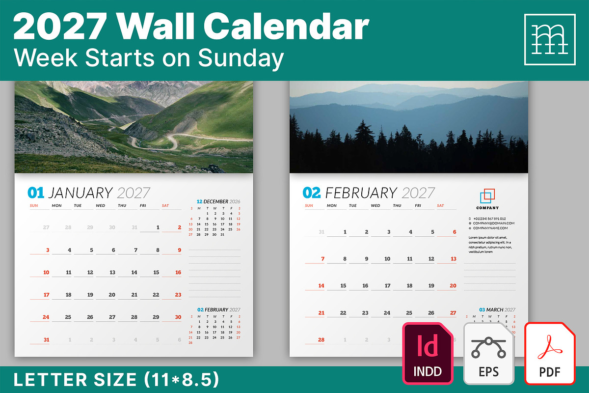 Wall Calendar 2027 (WC031-27-S), a Stationery Template by mikhailmorosin (Photo 1 of 7)