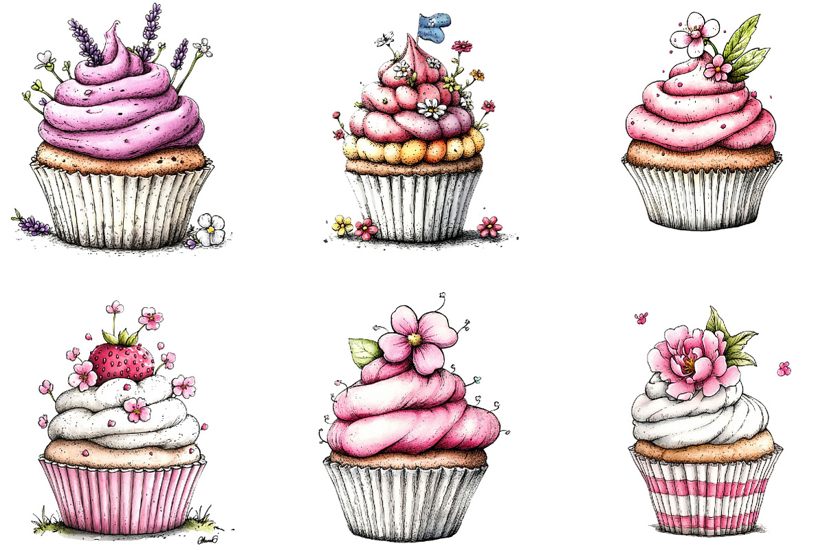 Watercolor Spring Cupcake Clipart, an Illustration by Designking (Photo 3 of 5)