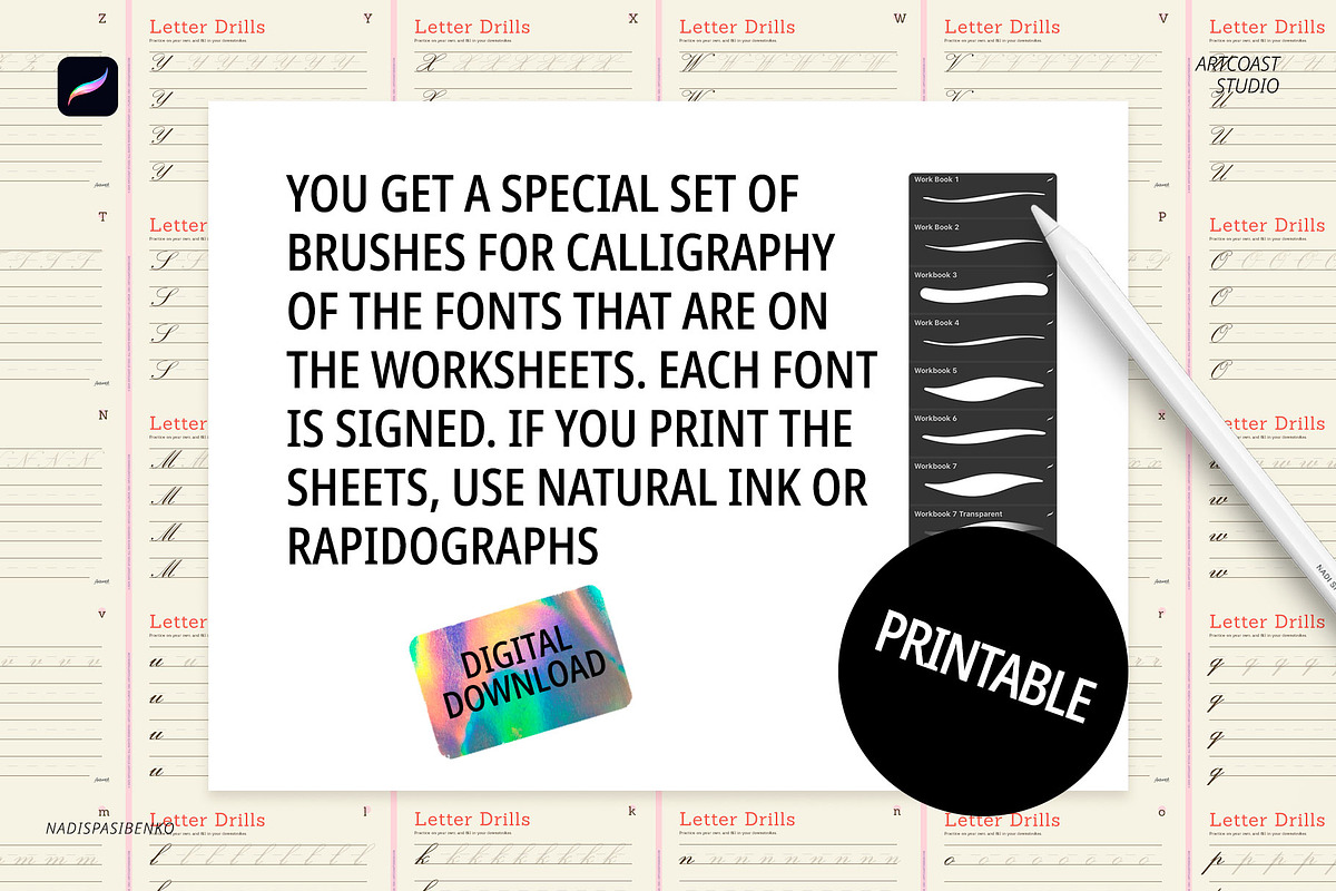 Calligraphy Workbook for Procreate, a Brush Add-On by Spasibenko Art (Photo 3 of 5)