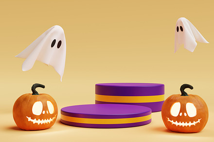Halloween Jack O Lantern two stage podium for product presentation background., a Holiday Photo by Ministocker