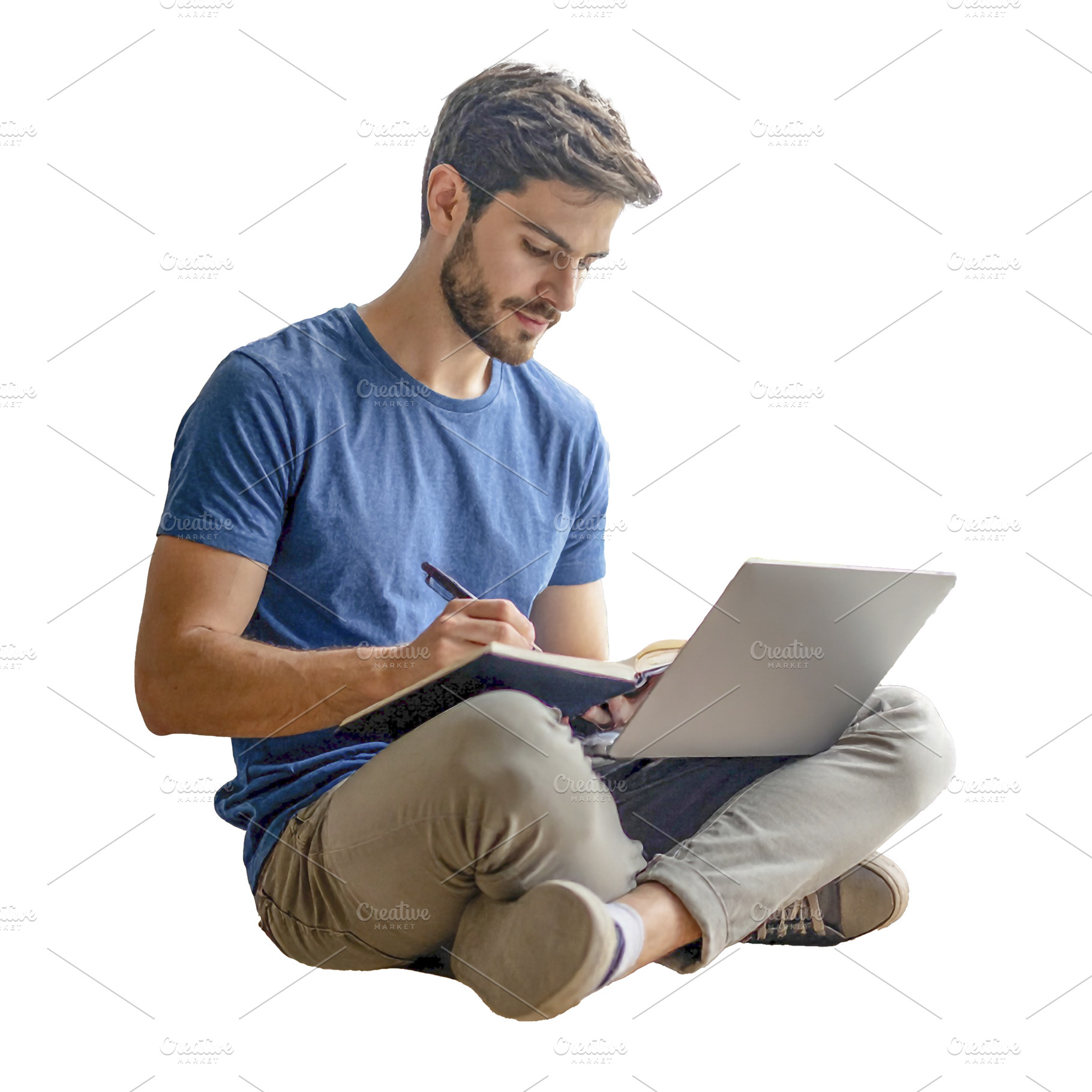 Student sitting with a laptop and notebook isolated photo, a Person Photo by DanFLCreativo