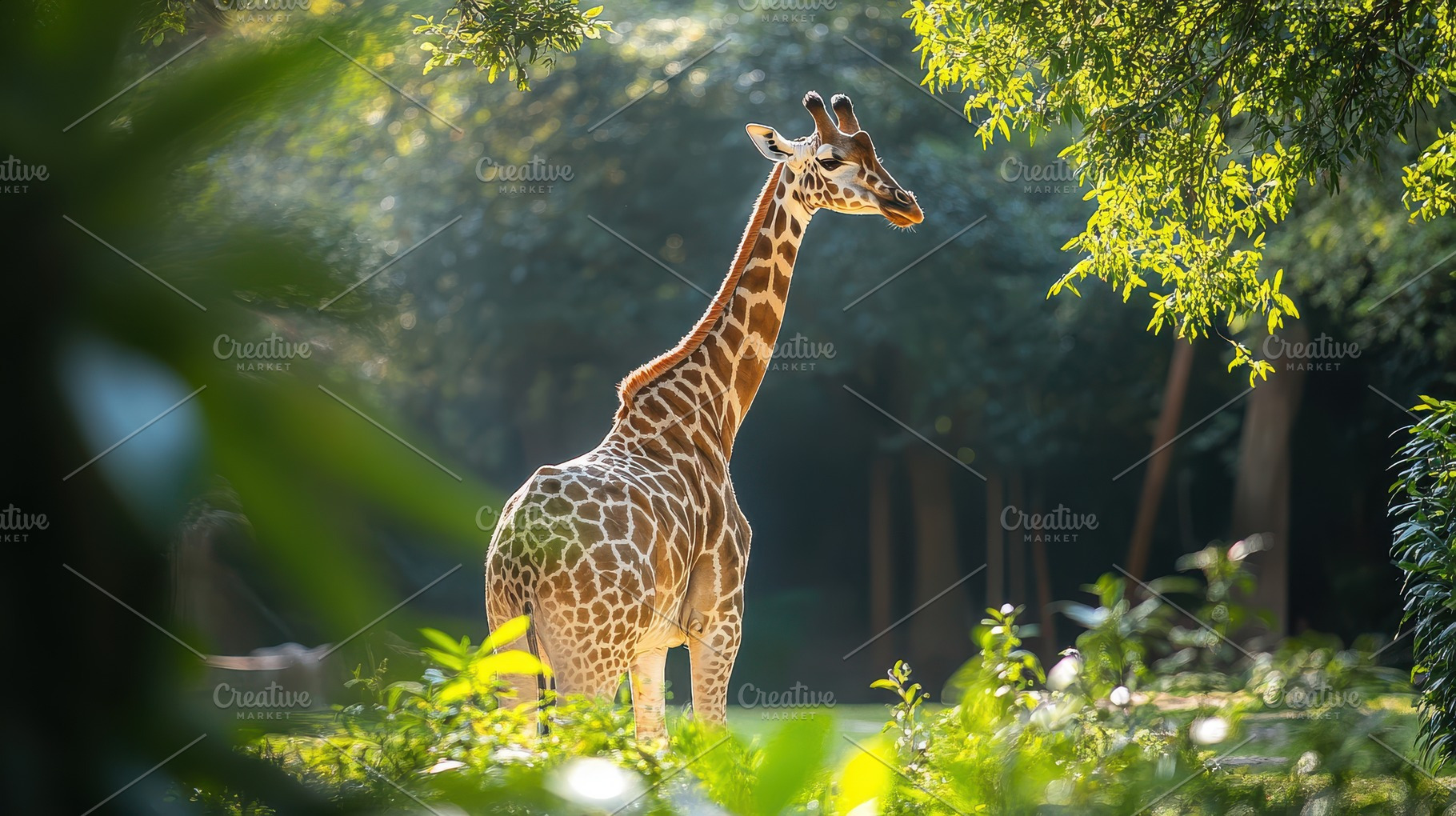 Graceful giraffe stands tall, spotte, an Animal Photo by Pixeness Studio