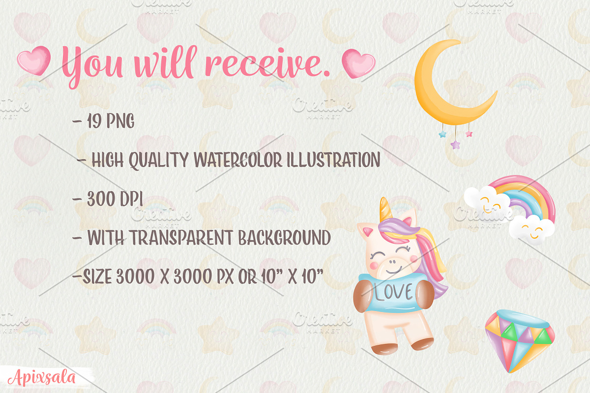 Cute Unicorn Watercolor Bundle, a Person Illustration by Apixsala (Photo 5 of 5)